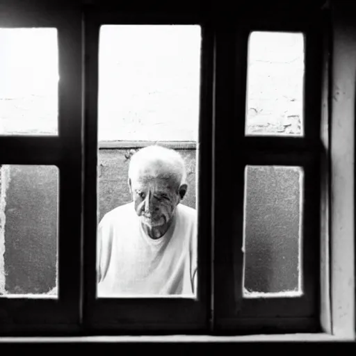 Prompt: a featureless old man seen through a window