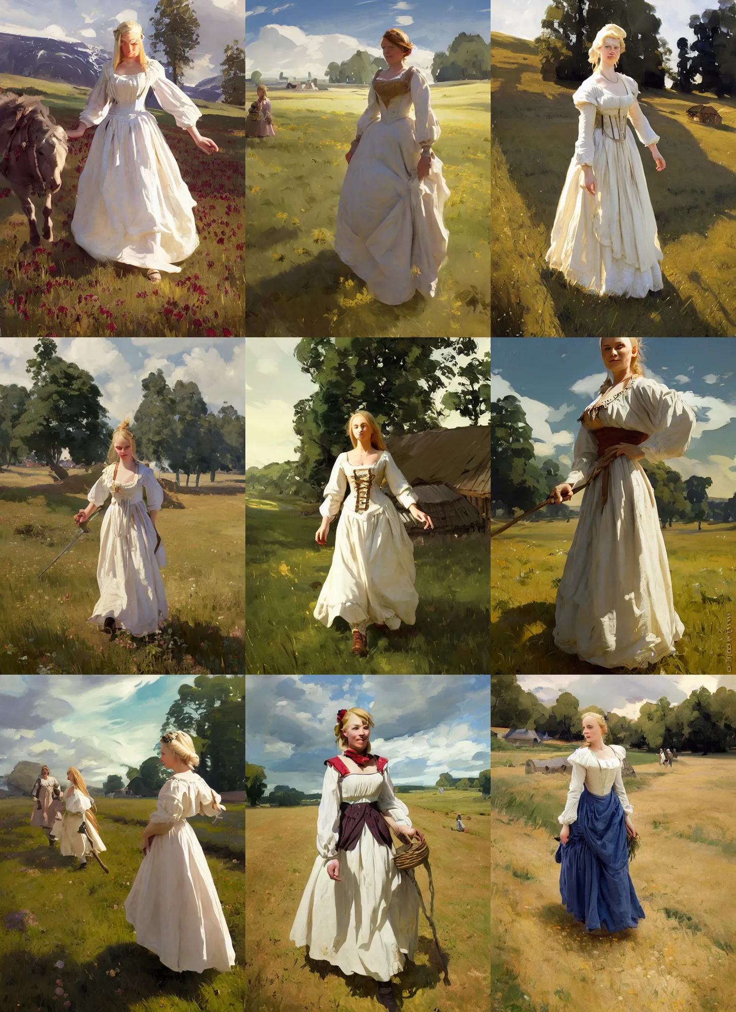 Image similar to finnish norway scandinavian attractive village maiden wearing 1 7 th century bodice walking in the field in a sunny day, jodhpurs greg manchess painting by sargent and leyendecker, studio ghibli, fantasy, medium shot, asymmetrical, intricate, elegant, matte painting, illustration, hearthstone, by greg rutkowski, by greg tocchini, by james gilleard