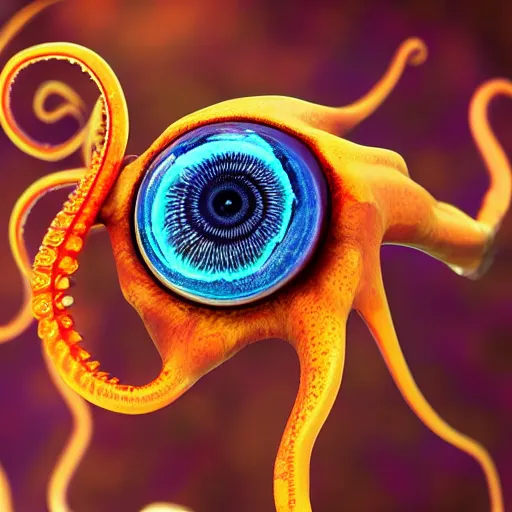 Image similar to whimsical fiery cephalopod eyes, in a photorealistic electron microscope with shallow dof