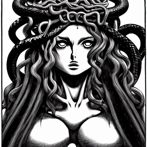 Image similar to rounded frame of head of medusa from greek mythology wearing snakes in place of hair, in berserk manga, angelina jolie face smiling seductive expression, big snakes heads with open mouth, manga drawing, by kentaro miura