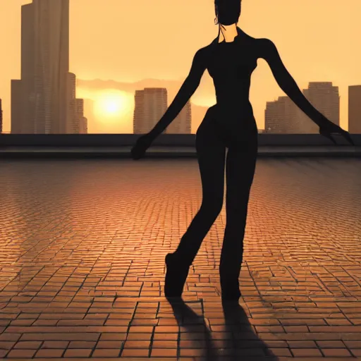 Prompt: cyberpunk woman dancing in front of sunset, hyperrealism