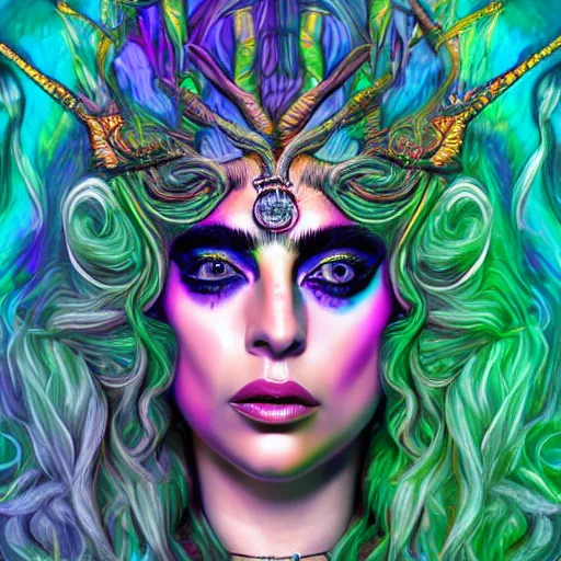 Prompt: an extremely psychedelic portrait of lady gaga as medusa, surreal, lsd, face, detailed, intricate, elegant, lithe, highly detailed, digital painting, artstation, concept art, smooth, sharp focus, illustration,