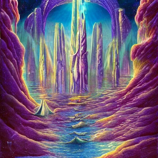 Prompt: gilbert williams portrait of a crystal temple in atlantis, iridescent dolphins swimming in the sea, unicorn flying in the sky, paleozoic anima flying in the sky,