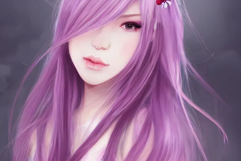 Prompt: A girl who's hair is light-silvery pink with orchid purple eyes, waist-length. Wearing a cherry blossom chopstick in the bun of her hair. Her skin is Ivory White pixiv artist WLOP artstation artist Mam BA artstation real photo very detailed