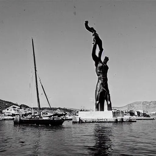 Image similar to the colossus of rhodes statue standing above the greek harbor with boats going through its legs black and white dali picture front view