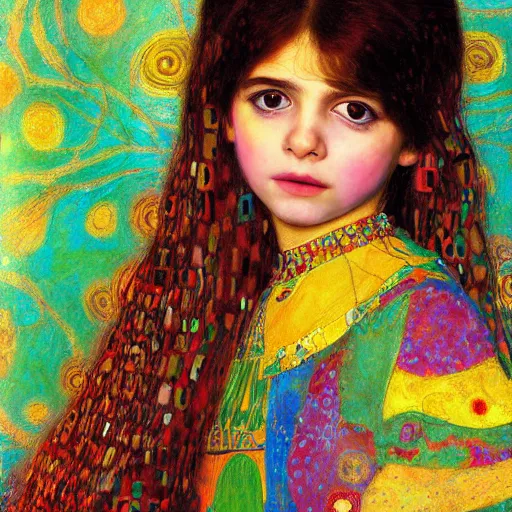 Prompt: painting of vivid colors iraqi child in girl long hair of a gustav klimt wallpaper by android jones detailed matte painting 8 k