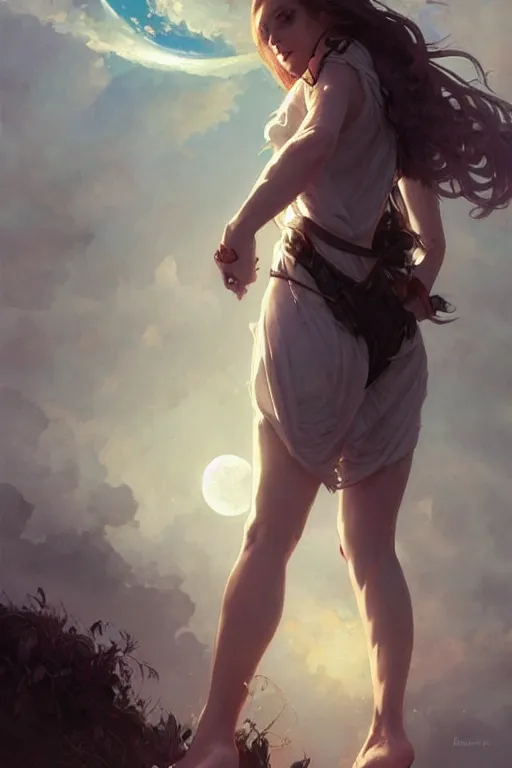 Prompt: fantasy, beautiful leg, long hair, girl, portrait, back view, cloud sky and moon night background, high detail, concept art, digital art, illustration, smooth, sharp focus, greg rutkowski, alphonse mucha, trending on artstation, trending on deviantart