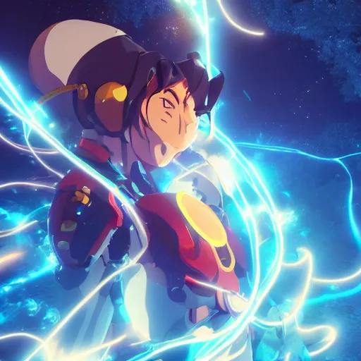 Image similar to an epic anime of a energy man, ghibli, unreal 5, octane render, rpg portrait, dynamic lighting, epic, epic anime, 2 d