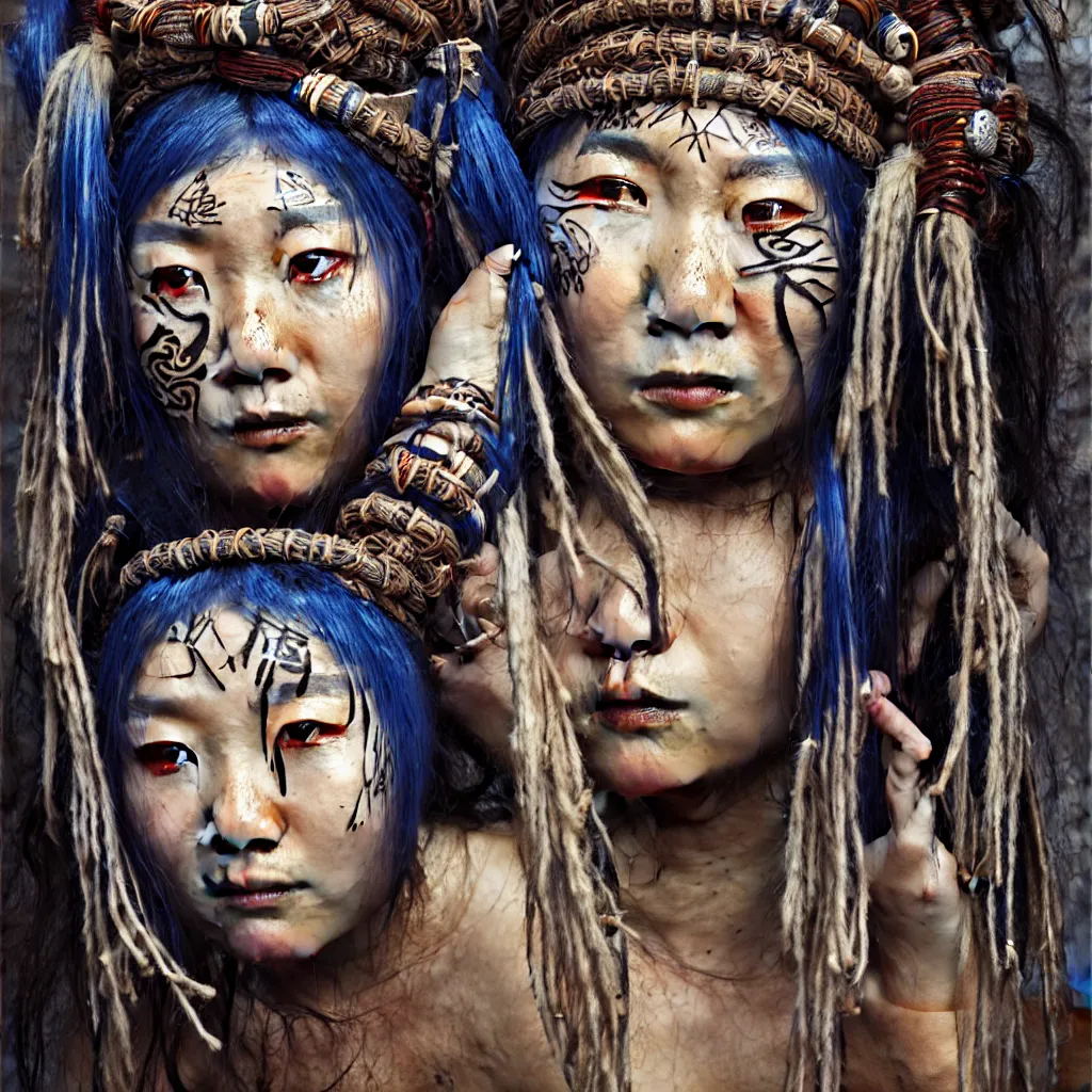 Image similar to A young blindfolded shaman japanese woman with a decorated headband performing a pagan ritual, in the style of heilung, blue hair dreadlocks and wood on her head, tribal piercing and tatoos , atmospheric lighting, intricate detail, cgsociety, ambient light, dynamic lighting, art by karol bak