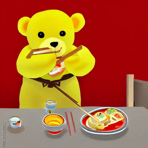 Image similar to Yellow teddy bear wearing red shirt eating sushi at a restaurant, realistic, highly detailed