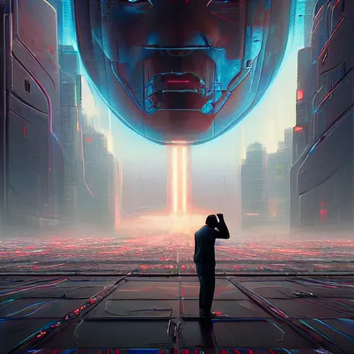 Image similar to professional painting of tiny people praying to monumental conscious supercomputer with huge - cybernetic - face!!!! in the center of endless colossal room, trending on artstation, cyberpunk, sci - fi, futuristic, by greg rutkowski and maciej kuciara, high quality