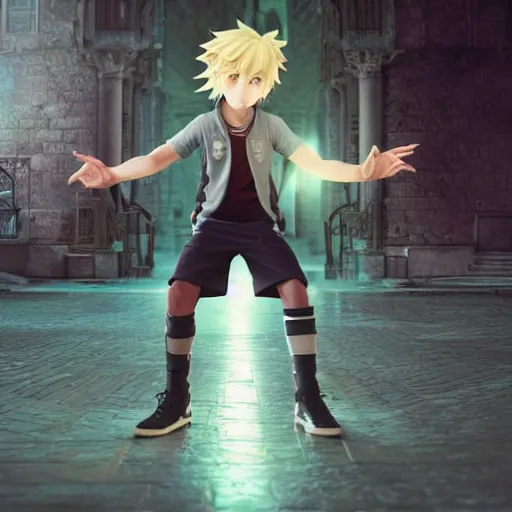 Image similar to a blonde haired green eyes boy casting a spell. character design. gesture drawing. line of action. official art, unreal engine 5, unreal engine. tetsuya nomura. medium shot. ray tracing hdr. 8 k. uhd. sharp focus. highly detailed. masterpiece. anime render. cinematic lighting. lifelike. symmetrical face. beautiful face