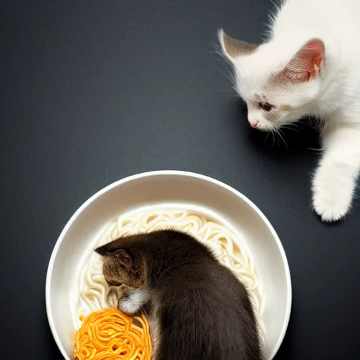 Prompt: a cute kitten eating ramen noodles from a bowl, award winning photography, studio lighting, 8k, 4k, ultrarealistic details