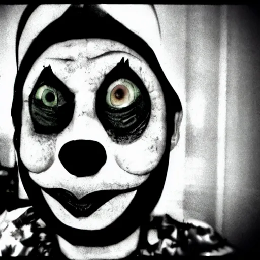 Prompt: creepy disposable camera photo of a sad clown | horror | nightmare