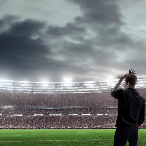 Prompt: A stoic football manager directing his team on the sideline of a giant gothic stadium, apocalyptic sky