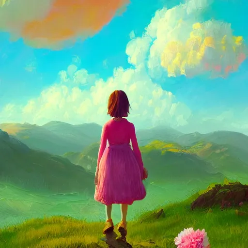 Image similar to giant carnation flower as a head, girl hiking in the mountains, surreal photography, sunrise, dramatic light, impressionist painting, colorful clouds, digital painting, artstation, simon stalenhag