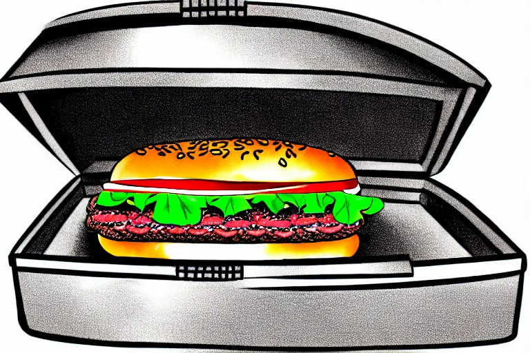 Prompt: a burger inside a safe vault fill with hotdogs eating them, scratched drawing