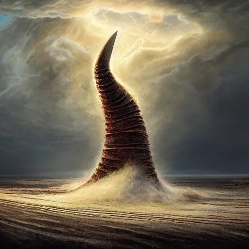 Image similar to giant from dune sandworm coming out of a stormy sea, lightning, highly detailed, beautiful light, epic, digital art, oil painting, award winning, fantasy artbook, 4 k