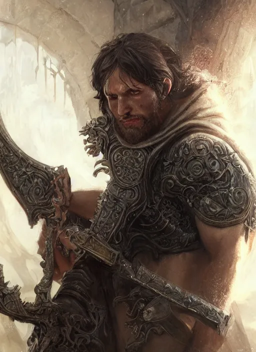 Prompt: realistic portrait painting of a male fantasy paladin brute, old mystic ruins, afternoon, intricate, elegant, highly detailed, digital painting, sharp, focus, by artgerm and greg rutkowski