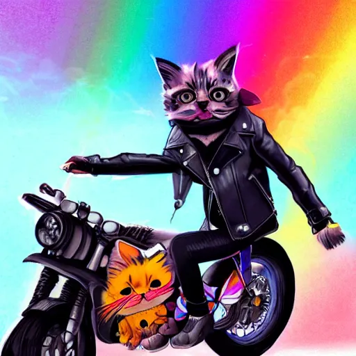 Image similar to wide angle full body, jacket wearing fluffy cute rainbow kitten wearing a black leather motorcycle jacket, riding on a motorcycle, cinematic concept art