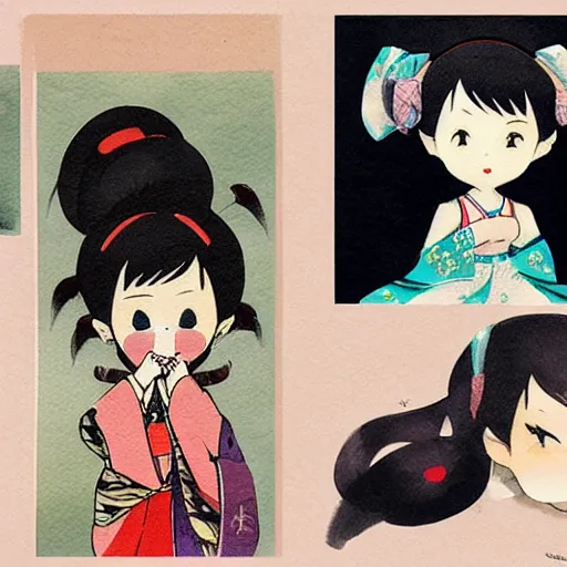 Image similar to beautiful water color concept art of face detailing cute nendoroid girl in the style of ukiyoe , toon rendering, close-up, no shade, modern art, smile, beautiful eye