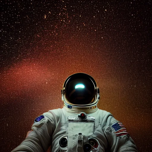 Image similar to photograph of an astronaut against the pitch black darkness of space, full body photo, lit from below, amazing light and shadow contrast,, 8 k