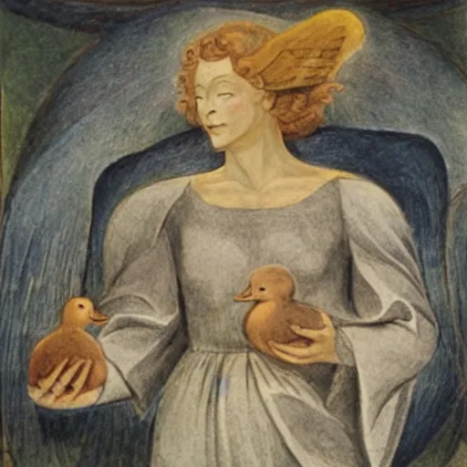 Image similar to biblical angel holding a duck, by jean deville, by william blake, oil on canvas