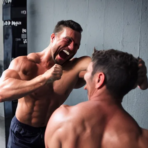 Image similar to Buff dude laughing while being punched by a skinny weak dude.