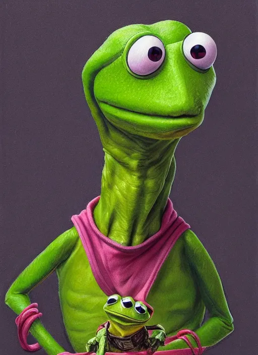 Image similar to portrait of kermit the frog in the fly ( 1 9 8 6 ), highly detailed, centered, solid color background, digital painting, artstation, concept art, smooth, sharp focus, illustration, artgerm, donato giancola, joseph christian leyendecker, les edwards, ed repka, wlop, artgerm