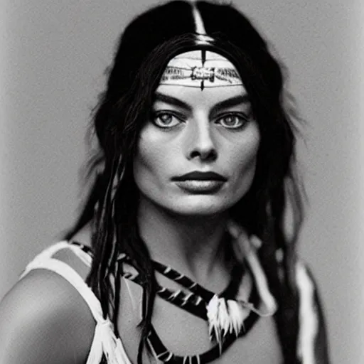 Image similar to margot robbie as a native american in the 1 8 0 0 s, photograph