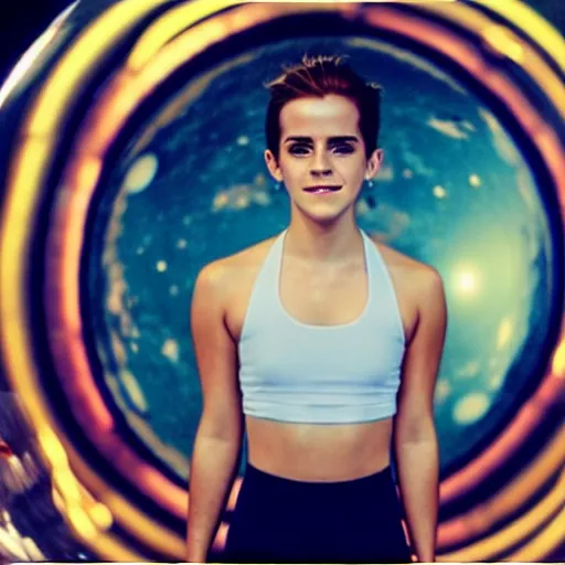 Prompt: emma watson as yoga instructor in space, cinematic shot, magical colors and atmosphere, perfect composition, coherent, super realistic, professional 8 k