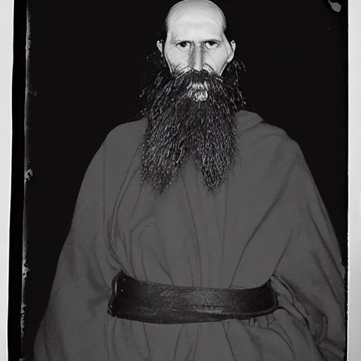 Image similar to trail _ camera _ photo _ of _ a _ breaton monks looking like rasputin with some ghost shadows _ realistic _ spooky _ grimdark _ night _ black _ and _ white