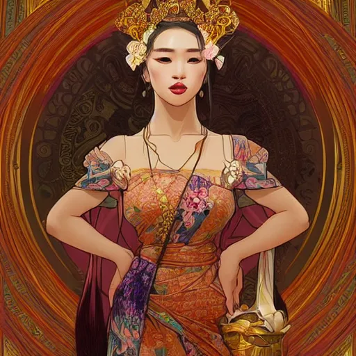 Prompt: Ukiyo-style, beautiful Thai princess by kittichai rueangchaichan, floralpunk, Artstation, art nouveau aesthetic, Alphonse Mucha background, intricate details, photo realistic, dramatic