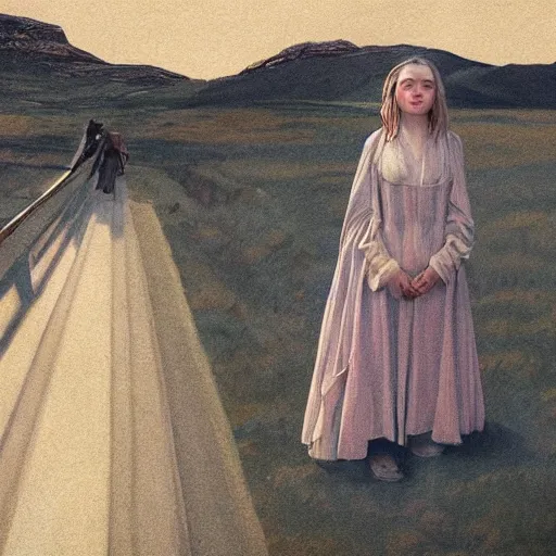 Prompt: Elle Fanning in the painted world of Star Wars, head and shoulders masterpiece, apocalypse, golden hour, cosmic horror, artstation, in the style of Andrew Wyeth and Edward Hopper and Bosch, extremely detailed