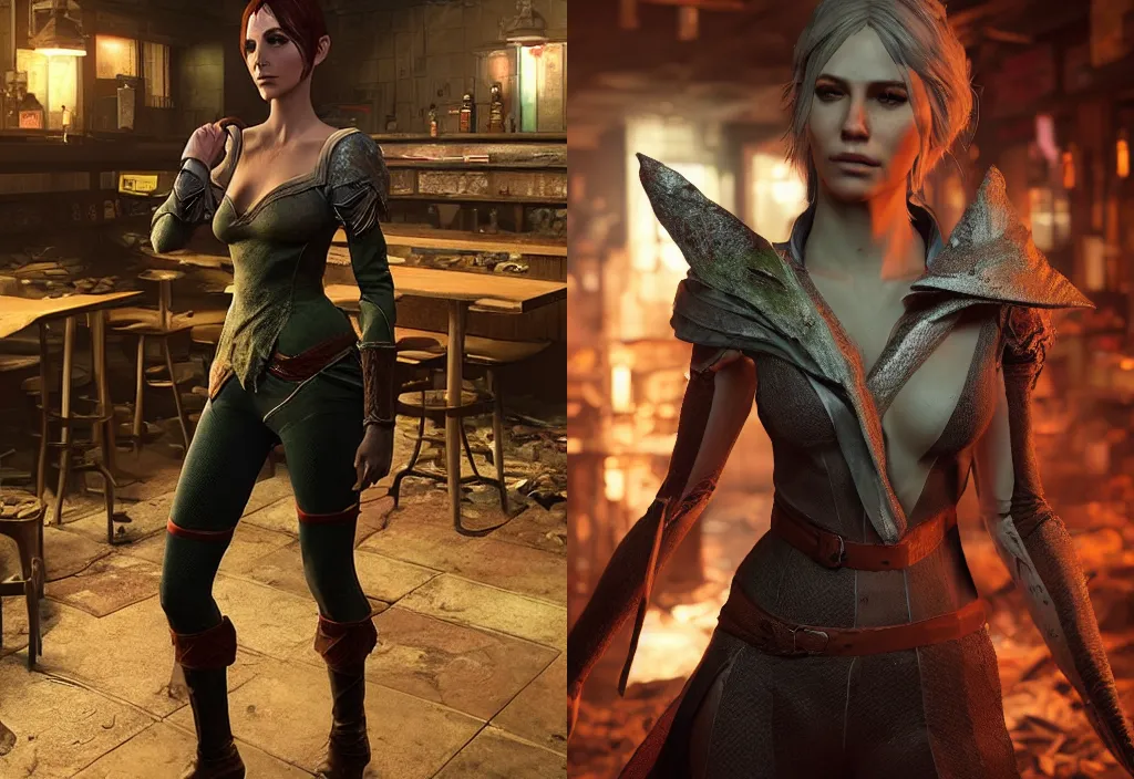Prompt: full body character portrait of a female lavellan from dragon age walking through a destroyed dive bar wearing inquisitor clothes, with a realistically proportioned face, realistically rendered face, 3 d model, unreal engine 5, realistically rendered clothing, enhance face, octane render, 8 k, realistic lighting, good value control, realistic shading, substance painter