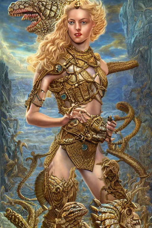 Image similar to Mystical Valkyrie, Portrait of a beautiful female Atlantean Reptilian Warrior, Realistic, Regal, Refined, Detailed Digital Art, Michael Cheval, Walt Disney (1937), François Boucher, Oil Painting, Steampunk, Highly Detailed, Cinematic Lighting, Unreal Engine, 8k, HD