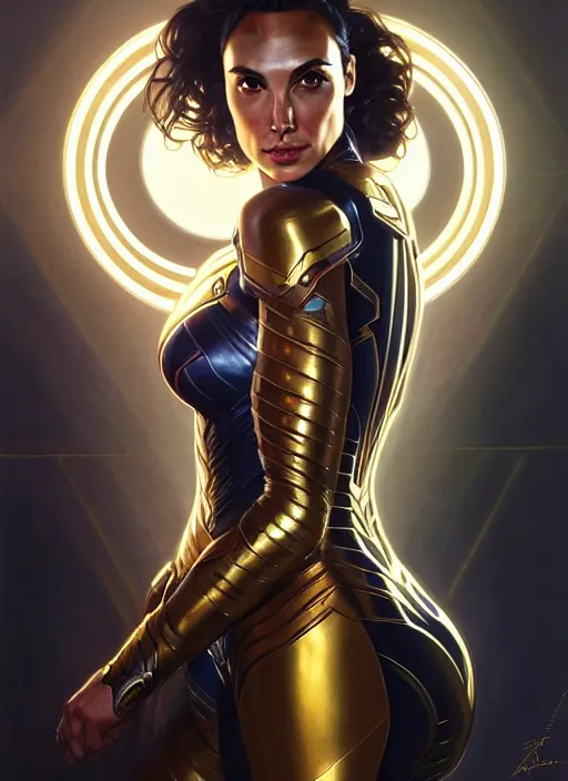 Image similar to symmetry!! portrait of gal gadot, gold sci - fi armour, tech wear, glowing lights!! sci - fi, intricate, elegant, highly detailed, digital painting, artstation, concept art, smooth, sharp focus, illustration, art by artgerm and greg rutkowski and alphonse mucha