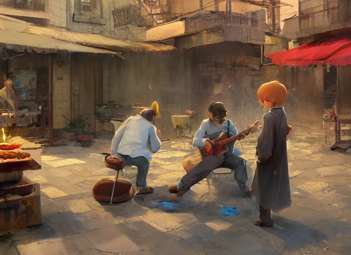 Image similar to three guys in night at the yard speaking while grilling kebabs and one guy playing guitar, light bulbs, painting by Craig Mullins, octane rendering, soft morning lighting, wide angle lens, in the style of Hayao Miyazaki, trending on artstation,