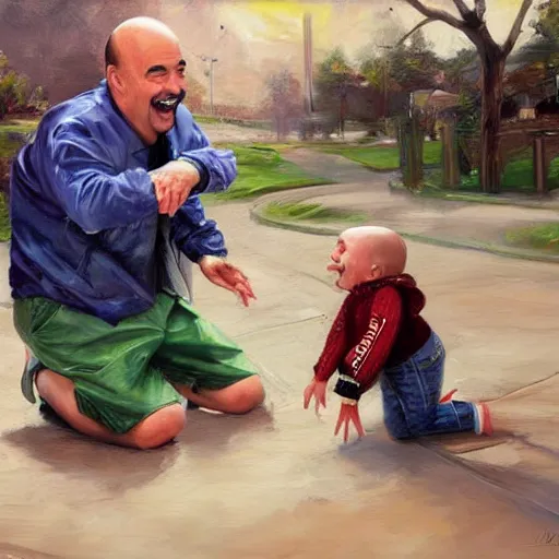 Image similar to highly detailed oil painting, concept art, dr phil laughing while kicking a sitting kid in the face, concept art, highly detailed