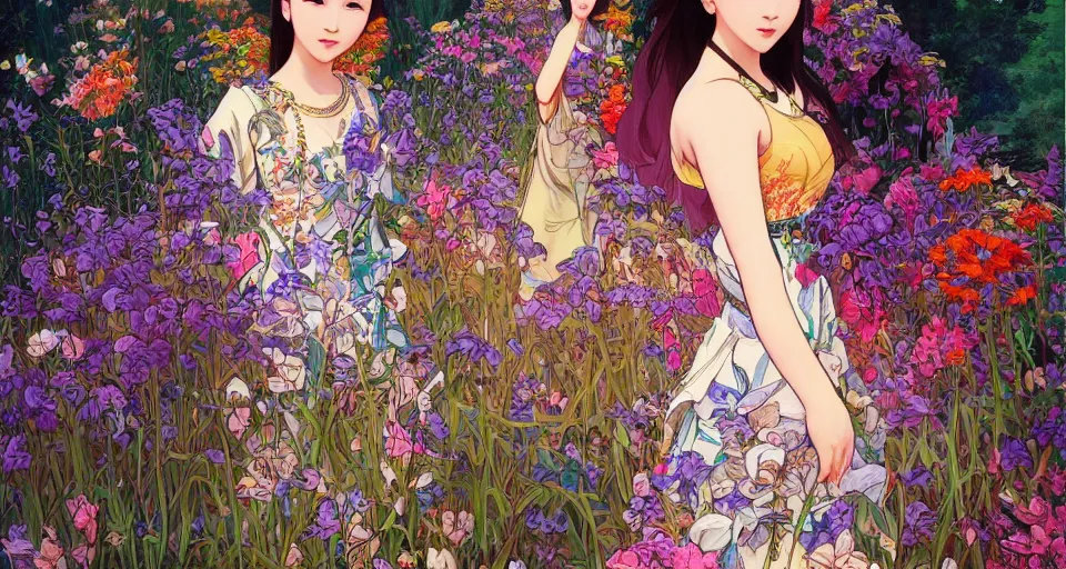 Image similar to oil painting, long shot, beautiful floralpunk thai girl illustration walking in a park, detailed patterns art of thai traditional dress, flower pop art, floral splash painting, art by makoto shinkai, ghibbli, alphonse mucha, dark shadow