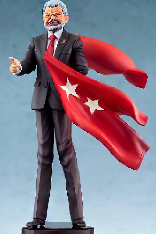 Prompt: still high quality figurine of president lula with a red flag, tsurime eyes, tareme eyes, personification, dynamic pose, detailed product photo, featured on amiami, tone mapped, beautiful composition, 8 5 mm, f. 1 4