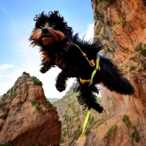 Image similar to a hairy dog jumping from a cliff with a parachute