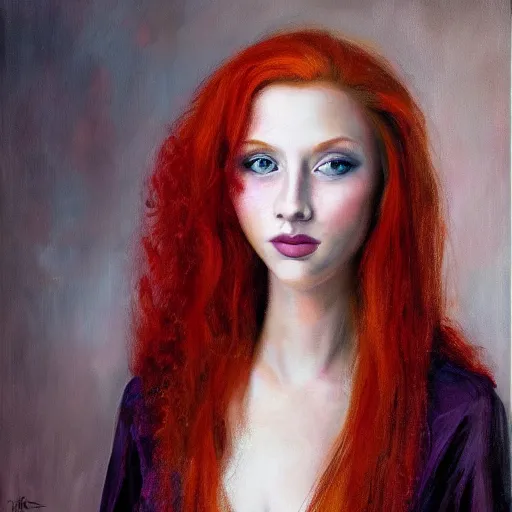 Prompt: portrait of a beautiful young woman _ red _ haired woman by cheval michael