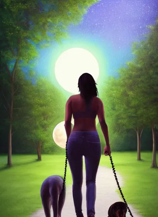 Prompt: young beautiful brown woman walking her dog in a park at night with a full moon, illustration, photoreal, fantasy, trending. masterpiece work of art . oil on canvas. Digitally painted. Realistic. 3D. 8k. UHD.