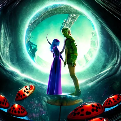 Image similar to film still, ladybug futuristic ( ( descendants ) ), ladybug quadruped with big rgb eyes, huge ladybug mothership, epic cosmos, dramatic lighting, the fellowship of the ring ( film ) blade runner ( film ) genre. imax, 7 0 mm.