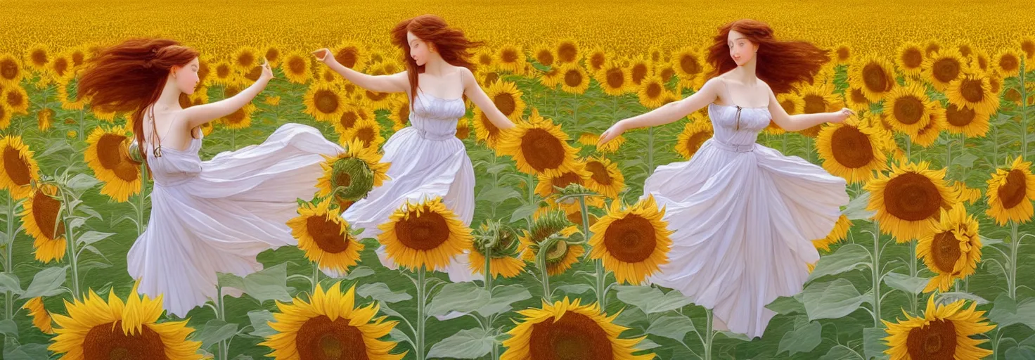 Image similar to beautiful young girl dancing in a fiery dress in a beautiful field of sunflowers and lilies, like leonardo da vinci sketches! in the style of studio ghibli, j. c. leyendecker, greg rutkowski, artgerm