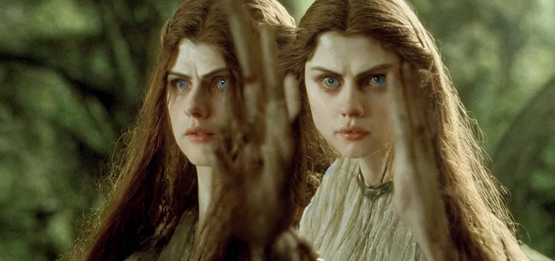 Image similar to still of alexandra daddario as galadriel in the lord of the rings ( 2 0 0 1 )