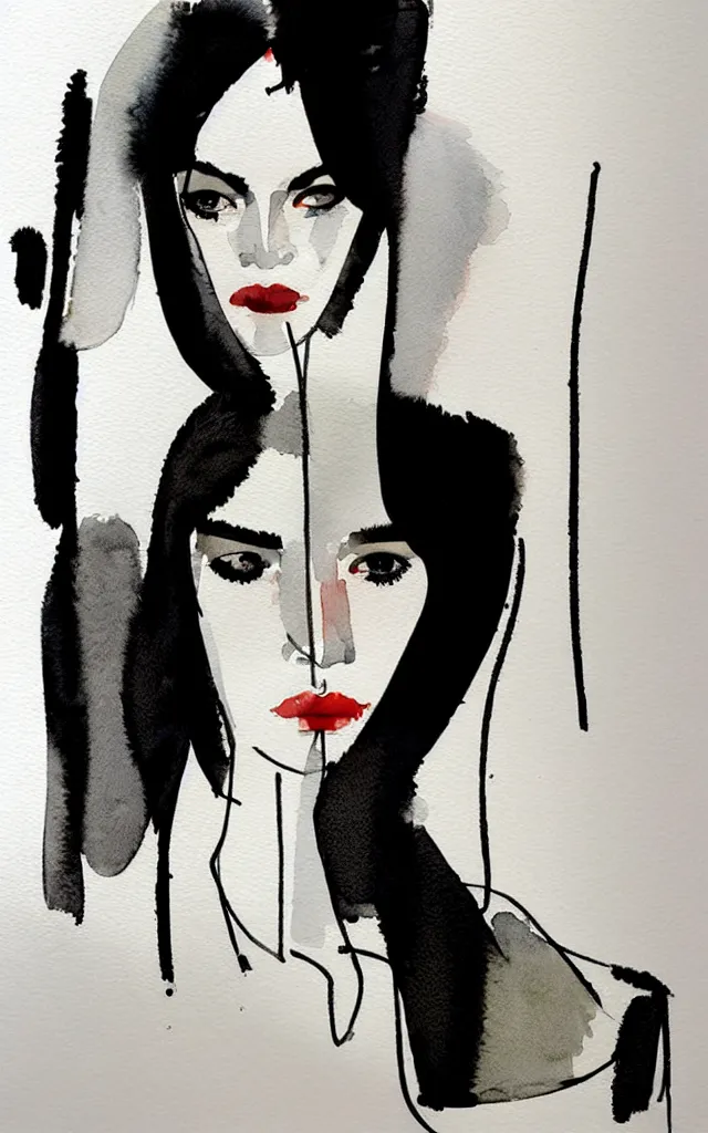 Prompt: one beautiful face woman, symmetrical, grey, colorless and silent, watercolor portraits by David downton