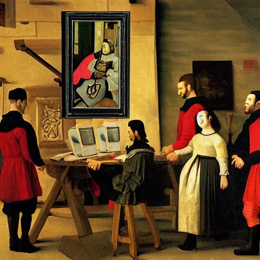 Image similar to a painting of a medieval era group of people looking at a computer in the style of diego velazquez