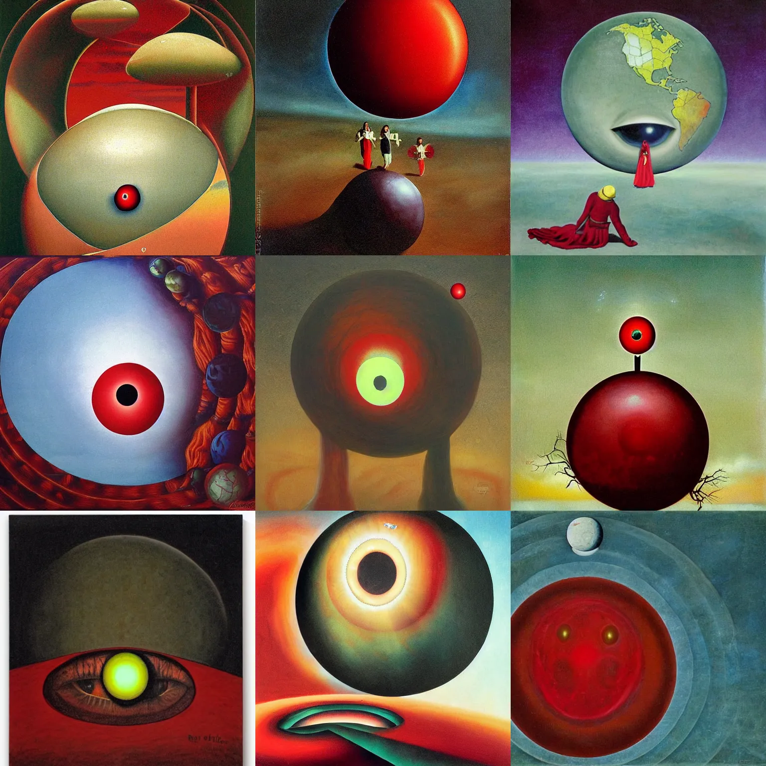 Prompt: the all seing sphere with the scarlet eye by Renne Magriette, surrealism